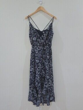 Cute Navy White floral dress V neck strappy sleeveless High Low Ruflesdress 16